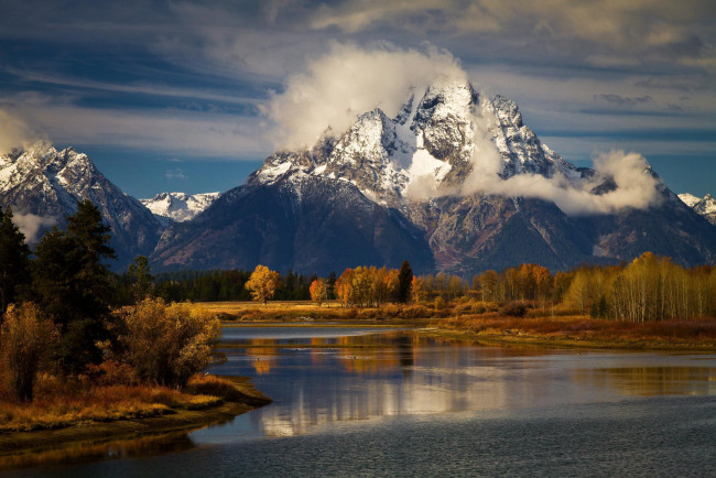 Обои картинки фото природа, реки, озера, деревья, осень, пейзаж, река, горы