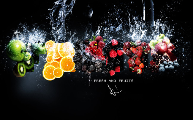 Обои картинки фото еда, фрукты, ягоды, апельсин, малина, клубника, киви, яблоки, брызги, вода