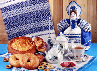 Картинка еда натюрморт булочки пирог русская кухня печенье чайник чай чашки
