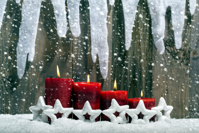 Обои картинки фото праздничные, новогодние свечи, звездочки, свечи, снег