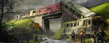 Картинка фэнтези люди запустение поезд крушение постапокалипсис выжившие