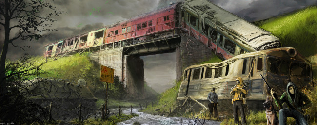 Обои картинки фото фэнтези, люди, запустение, поезд, крушение, постапокалипсис, выжившие