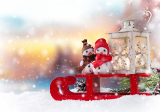 Картинка праздничные снеговики санки фонарь