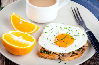 Картинка еда Яичные+блюда кофе апельсин глазунья шампиньоны хлеб