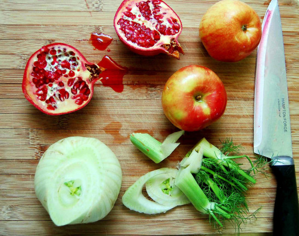 Обои картинки фото еда, фрукты и овощи вместе, гранат, фенхель, яблоки, нож