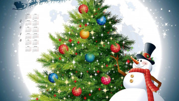обоя календари, праздники,  салюты, игрушка, елка, луна, снеговик, 2018