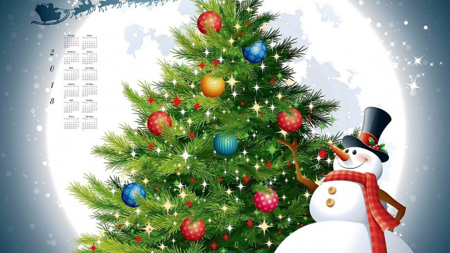 Обои картинки фото календари, праздники,  салюты, игрушка, елка, луна, снеговик, 2018