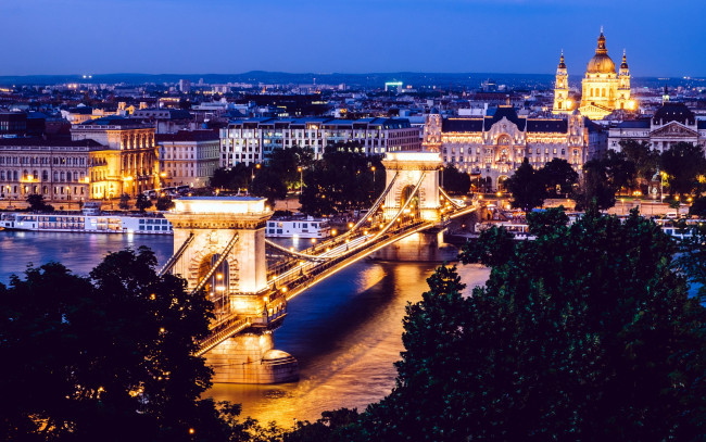 Обои картинки фото города, будапешт , венгрия, мост, река, вечер