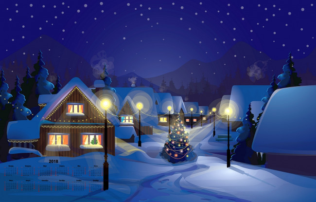 Обои картинки фото календари, праздники,  салюты, фонарь, 2018, снег, дом, гирлянда, елка, ночь