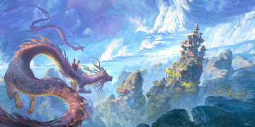 обоя фэнтези, драконы, горы, рисунок, дракон, скалы, китай, world, fantasy