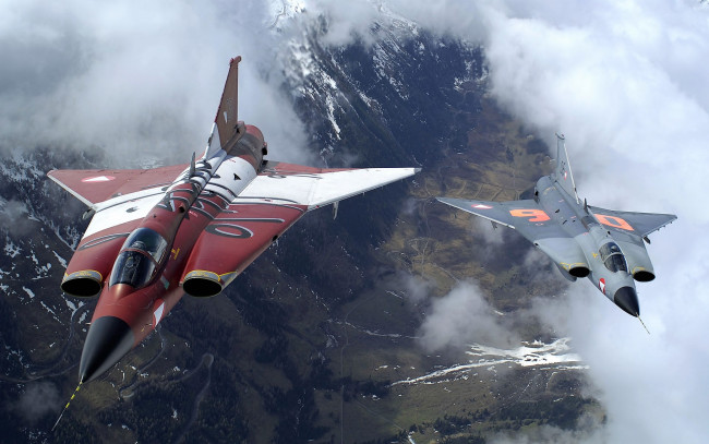 Обои картинки фото авиация, боевые самолёты, самолеты, полет, истребители, облака, панорама