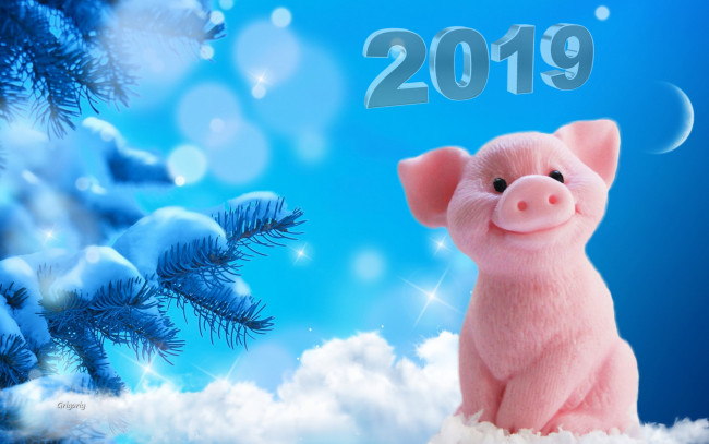 Обои картинки фото праздничные, - разное , новый год, луна, ёлка, снег, снежинки, год, свиньи, новый, 2019