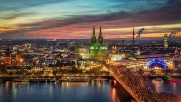 Картинка города кельн+ германия ночь панорама мост огни