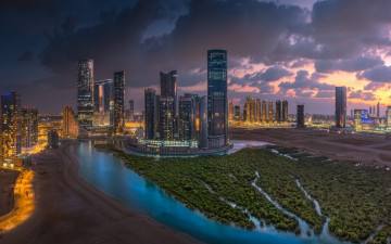 Картинка abu+dhabi +united+arab+emirates города абу-даби+ оаэ абу-даби вечер небоскребы объединенные арабские эмираты