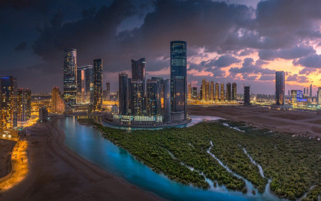 Обои картинки фото abu dhabi,  united arab emirates, города, абу-даби , оаэ, абу-даби, вечер, небоскребы, объединенные, арабские, эмираты