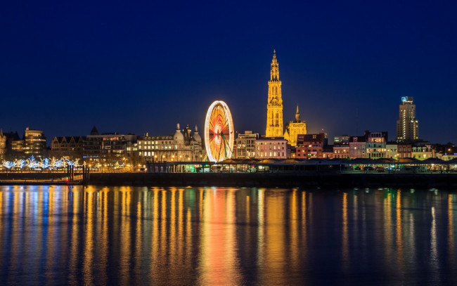 Обои картинки фото города, антверпен , бельгия, вечер, река, огни