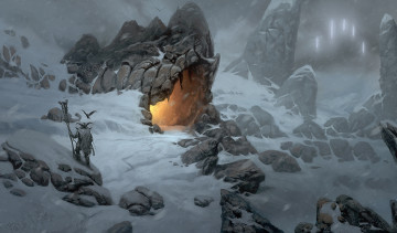 Картинка фэнтези иные миры времена горы снег пещера огонь викинг