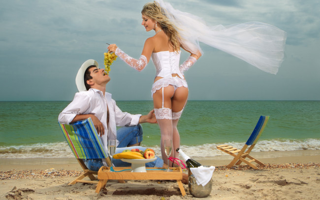 Обои картинки фото разное, мужчина женщина, фрукты, море, невеста
