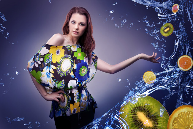 Обои картинки фото -Unsort Креатив, девушки, unsort, креатив, блуза, фрукты, вода