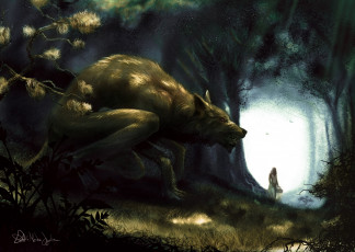 Картинка фэнтези существа волк засада девушка шапочка красная лес