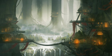 Картинка фэнтези иные+миры +иные+времена мостик домики стволы деревья гигантские водопад