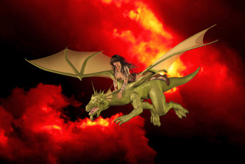 Картинка 3д+графика фантазия+ fantasy девушка взгляд фон дракон полет