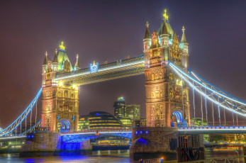 обоя tower bridge at darkest night, города, лондон , великобритания, ночь, река, мост, огни