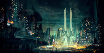 Картинка фэнтези иные+миры +иные+времена небоскреб мегополис огни город фантастика