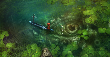 Картинка фэнтези существа рыбак озеро глаз лодка лотос
