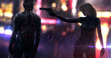 Картинка фэнтези девушки девушка киборг будущее пистолет мир дождь иной