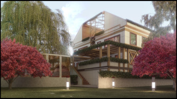 обоя 3д графика, архитектура , architecture, дом, деревья, лестница, трава