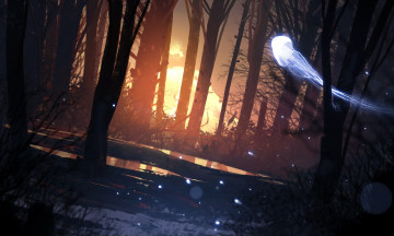 Картинка фэнтези призраки лес деревья арт свет ночь фантастика медуза