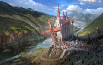 Картинка фэнтези замки ветряные город мельницы замок река ущелье мир иной