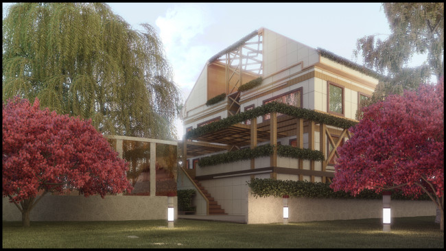 Обои картинки фото 3д графика, архитектура , architecture, дом, деревья, лестница, трава