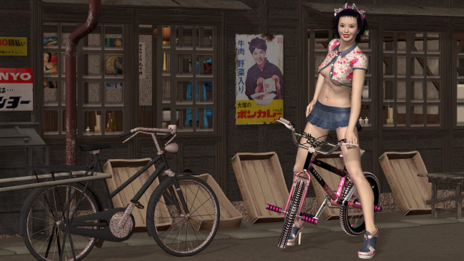 Обои картинки фото 3д графика, люди , people, девушка, взгляд, фон, улица, велосипед