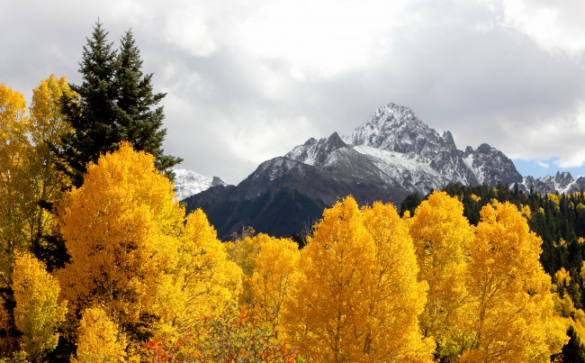 Обои картинки фото природа, горы, осень, деревья, облака, небо, листья