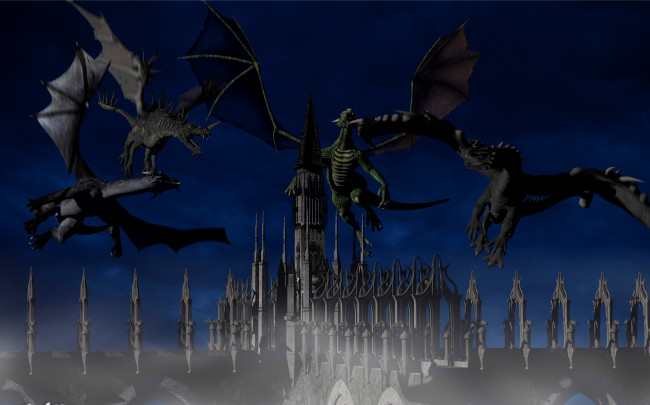 Обои картинки фото 3д графика, существа , creatures, полет, драконы, замок
