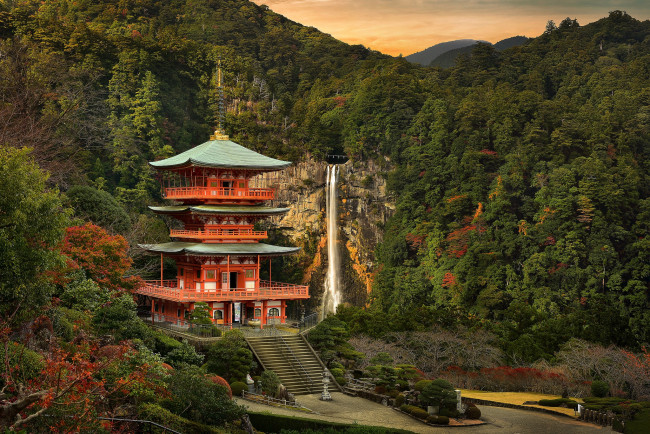 Обои картинки фото города, - буддийские и другие храмы, храм, водопад, лес, горы