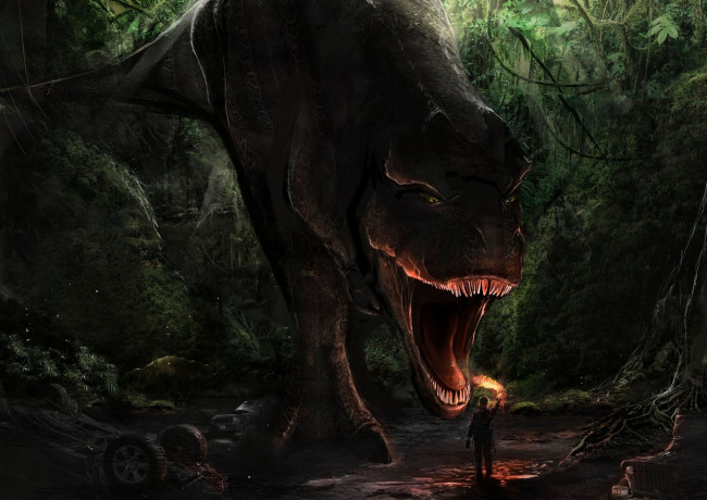 Обои картинки фото фэнтези, существа, динозавр, монстр, лес, человек, факел