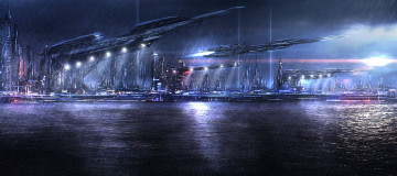 Картинка фэнтези космические+корабли +звездолеты +станции город дождь ночь space dock огни море порт