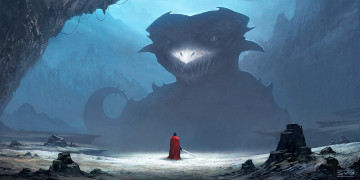 Картинка фэнтези драконы vovoomz камни чудовище меч мужчина дракон арт оружие горы
