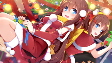 Картинка аниме зима +новый+год +рождество девушки взгляд фон