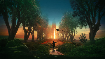 Картинка фэнтези фотоарт арт фантазия деревья воздушный змей мальчик огонь