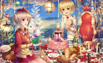 Картинка аниме зима +новый+год +рождество девушки взгляд фон