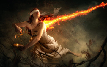 Картинка фэнтези фотоарт весы колдовство руки девушка магия огонь