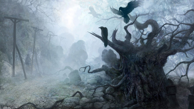 Обои картинки фото фэнтези, пейзажи, камни, деревья, вороны, туман