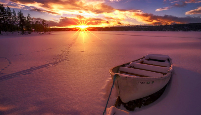Обои картинки фото корабли, лодки,  шлюпки, зима, снег, закат