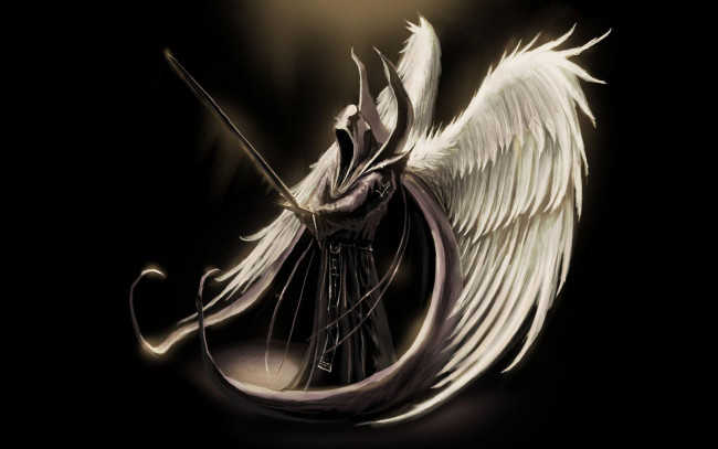 Обои картинки фото фэнтези, нежить, крылья, меч, балахон, ангел