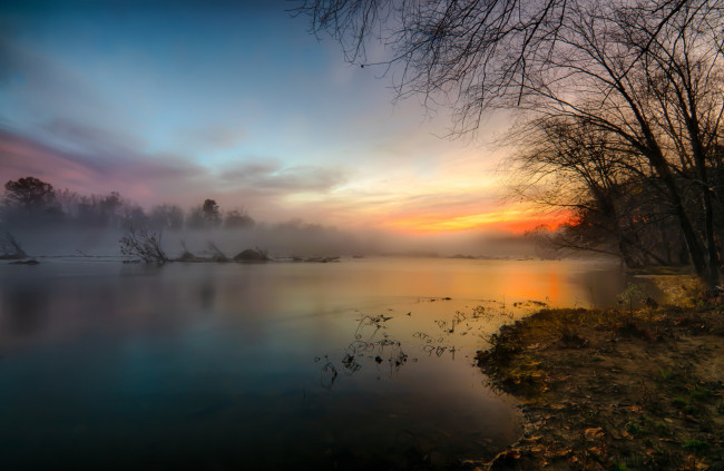 Обои картинки фото природа, реки, озера, закат, река, туман
