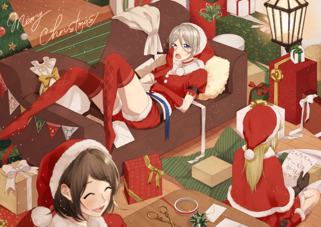 Обои картинки фото аниме, зима,  новый год,  рождество, девушки, взгляд, фон